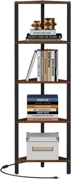 TUTOTAK Corner Shelf with LED Light, 5-Tier Corner Bookshelf for Small Space, Narrow Display Corner Shelf Stand with Storage Rack, for Living Room, Bedroom, Rustic Brown BS05BB005L