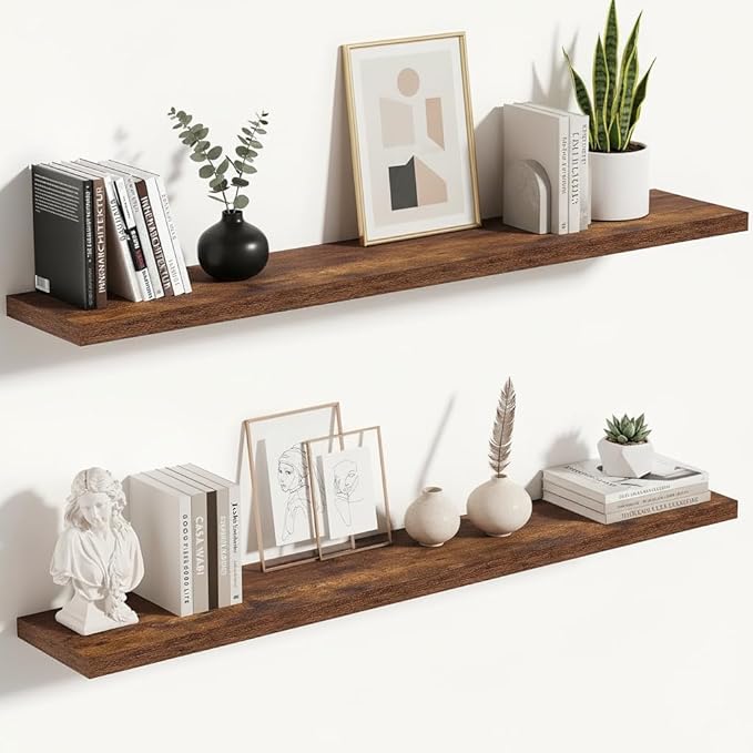Vivelove 10 Inch Deep Floating Shelves 48 inch Long, 47.2 x 10 Wide Wall Shelves with Invisible Brackets, for Bedroom Bathroom Living Room Kitchen Office, Farmhouse Home Decor, Set of 2, Rustic Brown