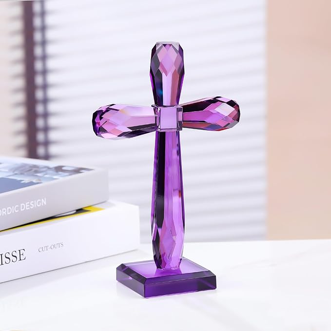 YWHL Crystal Cross Decor, Religious Gifts for Women Men, Handmade Holy Cross for Easter Pary, Art Collectible Figurines for Home Table (Purple)
