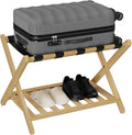 Smuxee Fully Assembled Luggage Rack for Guest Room, Upgraded Bamboo Foldable Suitcase Stand with 5 Nylon Straps, Nature Luggage Holder with Shelf for Bedroom Hotel