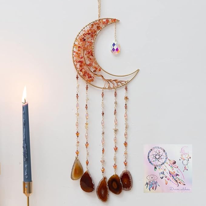 Agate Moon Dream Catchers with Crystal 7 Chakra Gemstone Dream Catchers Color Natural Gem Agate Wall Hangings Room Garden Dreamcatchers Decor (Orange)