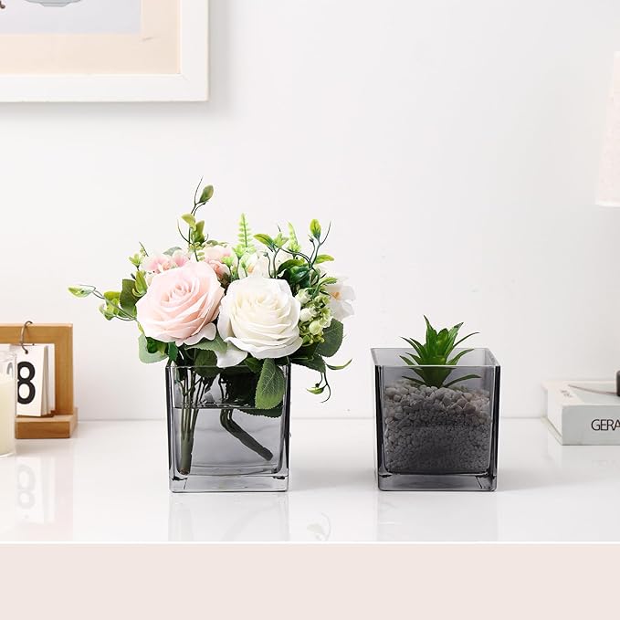 Square Glass Vases Set of 6, 4" x 4" x 4" Square Flower Vases for Centerpieces, Grey Vase for Flowers, Small Vase for Wedding, Party, Home Office Decoration