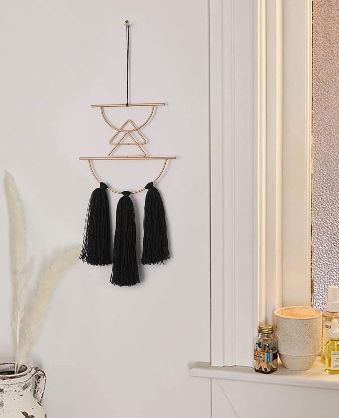 IOWER Boho Wall Decor Black Macrame Wall Hanging Metal Art Cute Home Small Decor for Livingroom Bedroom12 H