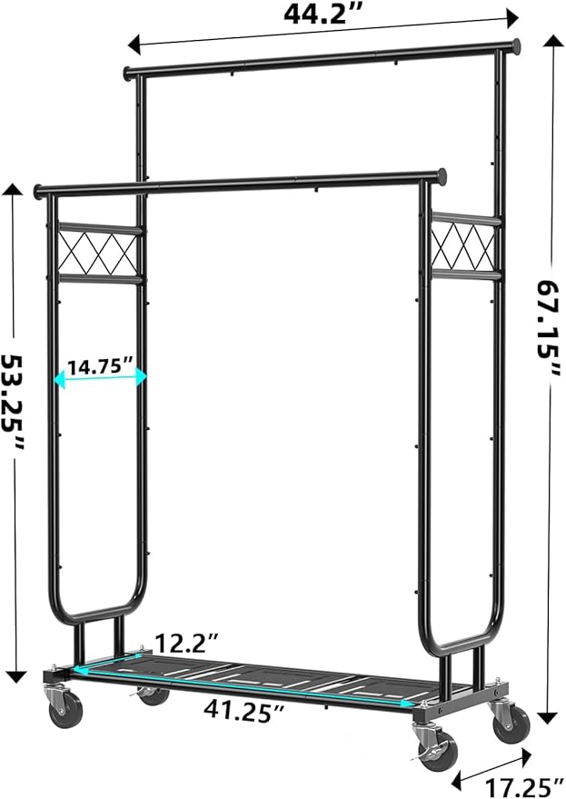 Heavy Duty Clothes Rack, Rolling Clothing Rack With Shelves Load 450 LBS, Double Rod Clothing Racks with Wheels for Hanging Clothes, Black