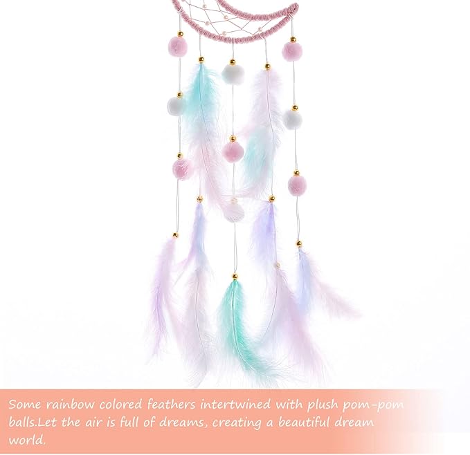 Pretty Jolly Pink Moon Kids Dream Catcher Wall Decor Pompom Feather Baby Dreamcatcher Handmade Children Dream Catcher Home Décor Wall Hanging for Nursery Bedroom Boys Girls Birthday Gift-25.6in