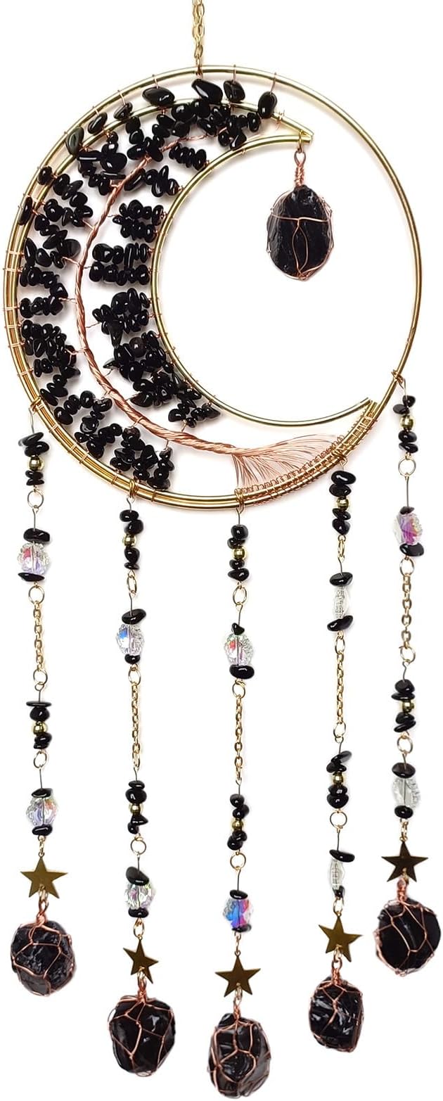 Black Dream Catcher Wall Decor Crystal Tree of Life Dream Catchers with Stone Pendant Handmade Dreamcatcher Wall Hanging Ornament for Bedroom Living Room Home Decor