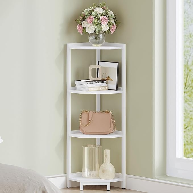 Hzuaneri Corner Shelf Stand, Corner Bookshelf, Storage Standing Shelf Unit with Metal Frame, Plant Stand, Bookcase for Living Room, Home Office, Bedroom, 4-Tier White CS05813W