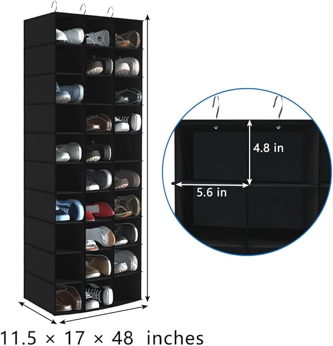 coastal rose Hanging Shoe Organizer for Closet, 30 Sections Hanging Closet Organizers and Storage Shelves, Space Saving Hanging Shoe Storage, Black, 17''W×11.5''Dx 48''H