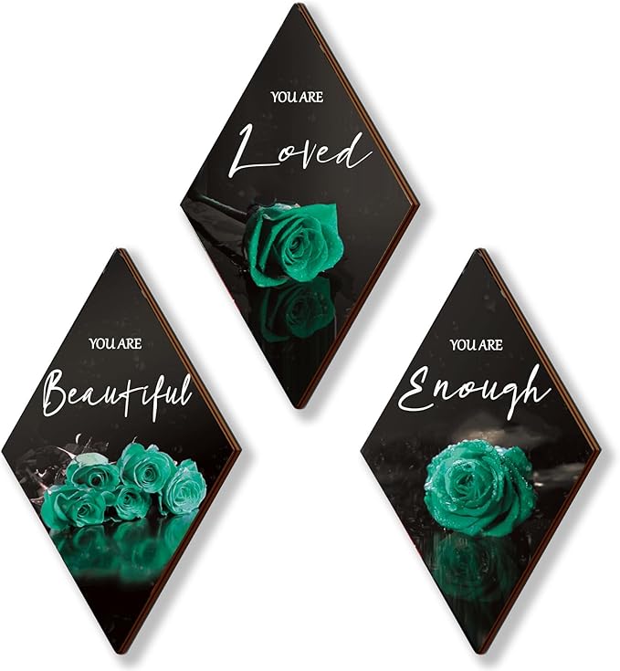 ONIZHITY 3-Piece Rose Wooden Wall Decor - Positive Quotes, You Are Beautiful, for Bedroom, Kitchen, Bathroom & Wedding (Teal, 12 x 7 inch)