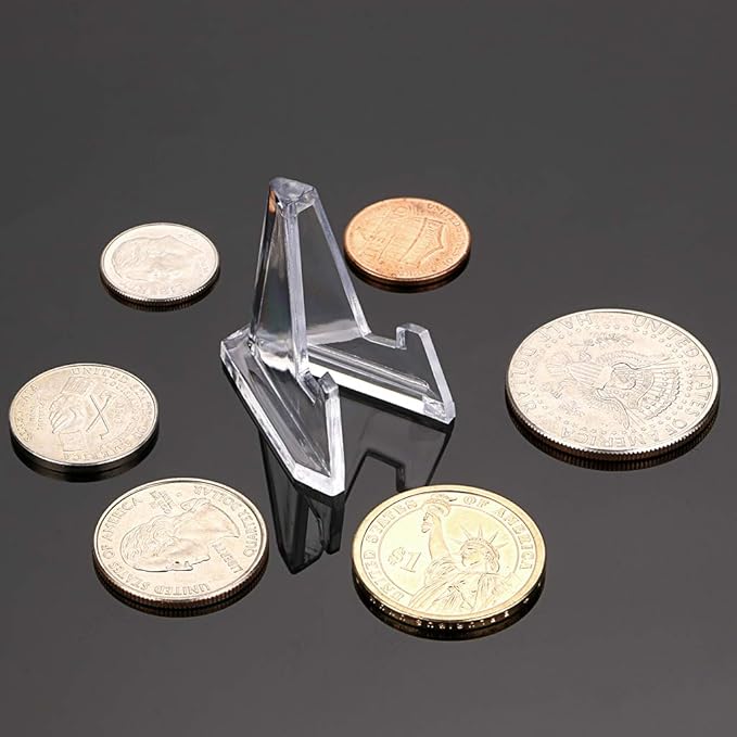 Hipiwe 20 Packs Mini Acrylic Easel Stands Clear Coin Display Easel Holder for Displaying Air-Tite Coins Pocket Watches Capsules Challenge Medals Casino Chips