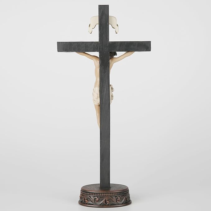 BC Catholic Crucifix Standing Cross, Jesus Christ tabletop Home Decor, Religious Gift, Wood Carve Looking, Realistic Finish, 10.9" H Hand Painted by Buildclassic
