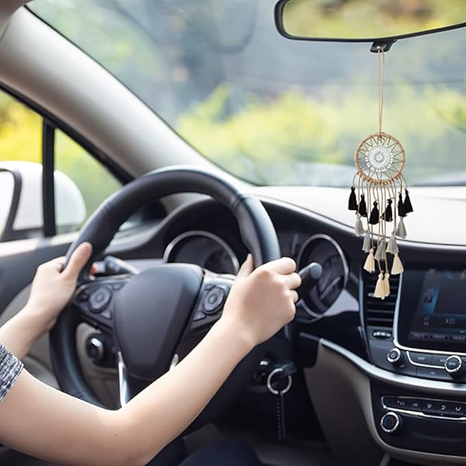 Artilady Small Dream Catcher for Cars - Bohemian Mini Dream Catchers for Cars Rear View Mirror Hanging Decoration (Black Grey White)