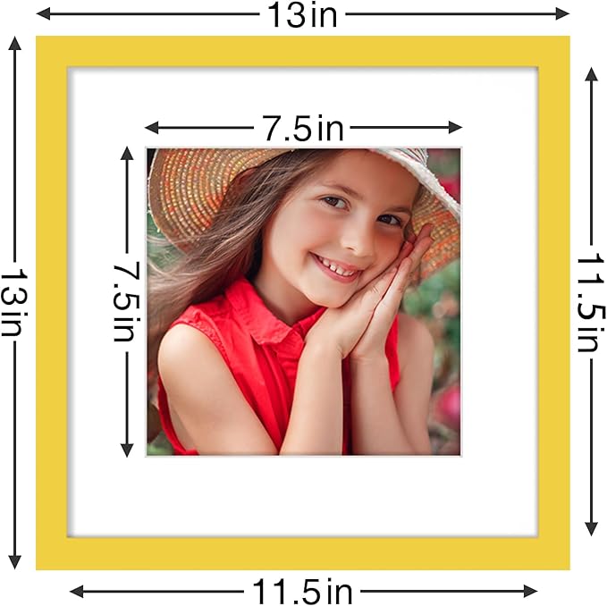 Vittanly 12x12 Picture Frames Set of 9, Shatter Resistant Plexiglass, Display 8x8 Pictures with Mat or 12x12 without Mat, Photo Frames for Wall Mount, Engineered Wood, Yellow