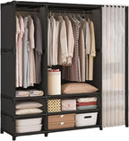 Portable Closet,Portable Closets for Hanging Clothes,Japanese Style Wardrobe with 3 Hanging Rods,9 Storage Shelves,56.2" L x 17.7" W x 65.1" H,Black