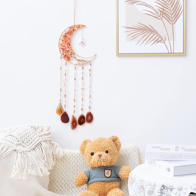 Agate Moon Dream Catchers with Crystal 7 Chakra Gemstone Dream Catchers Color Natural Gem Agate Wall Hangings Room Garden Dreamcatchers Decor (Orange)