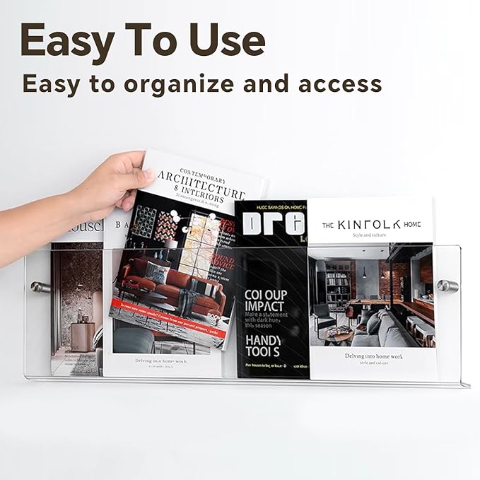 2-Pack 17 Inch Clear Acrylic Magazine Holder, Sleek Wall Mounted Brochure Rack & Floating Bookshelf, Modern Invisible Magazine Display for Office, Waiting Room, Living Room, Fashion Home Decor