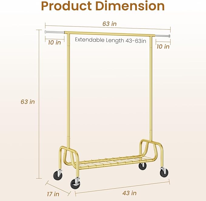Heavy-duty Clothing Rack with Wheels, Rolling Clothes Rack, Clothes Racks for Hanging Clothes, Metal Standing Garment Racks, Gold