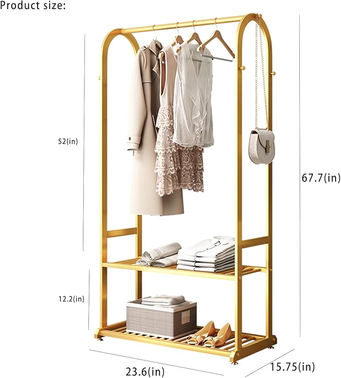 Gold Clothing Rack,Metal Garment Rack with Bottom Storage Shelves and 6 Side Hooks,modern Sturdy clothes racks for hanging clothes,Freestanding Wardrobe Rack for Bedroom or Boutique (L:23.6in)