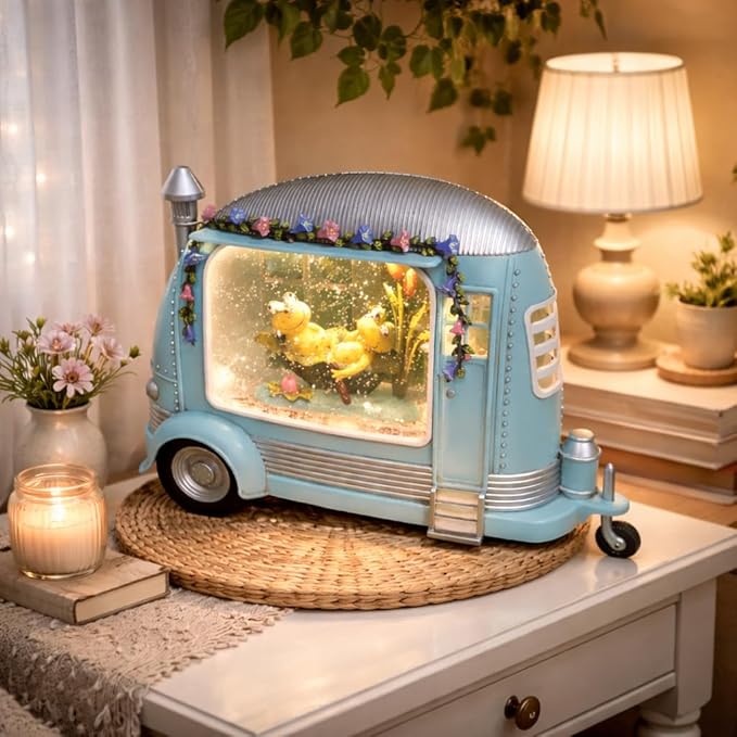 Spring Camper Water Globe with Frogs 6.75” Acrylic Snow Globe LED Lights Water Spinning Glitter Battery Operated Easter Spring Home Decoration
