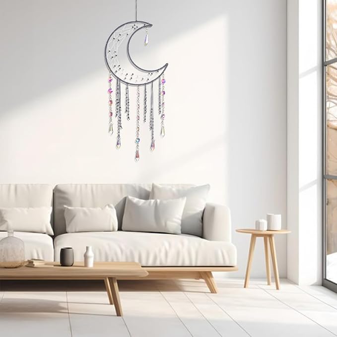 Artilady Dream Catchers with Crystals - Large Grey Boho Moon Dream Catcher Wall Decor House Decorations for Home Girls Kids Baby Bedroom Room Decor Christmas Birthday Teen Girl Boys Gifts