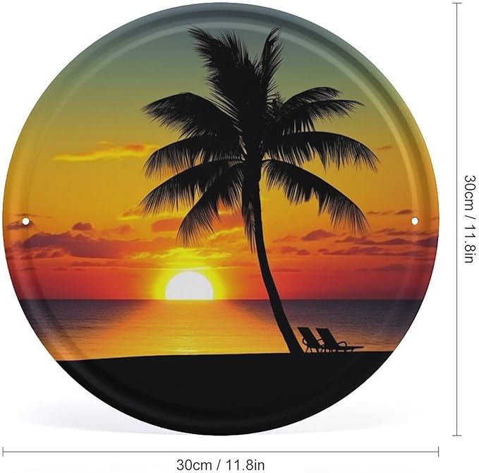 Wall Picture, with Sunset Palm Tree Printed Circular Iron Hanging Picture,Wall Art Decor,Home for Bedroom Living Room Bathroom Decor,Iron Painting 11.8X11.8 in