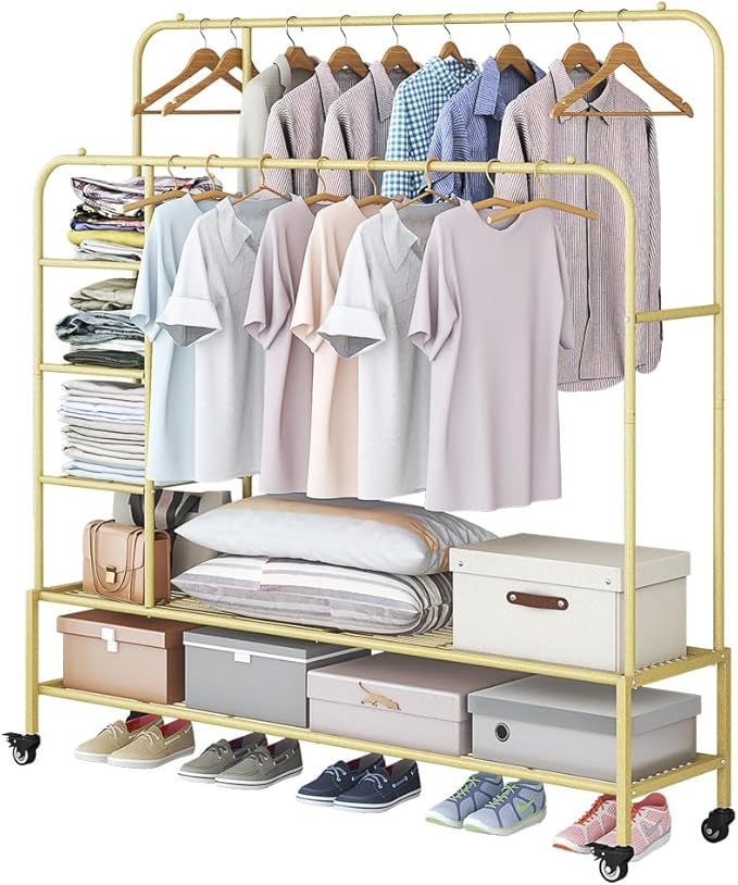 SUOERNUO Garment Rack for Hanging Clothes Rack Heavy Duty Portable with Bottom Metal Shelf Drying Coats Shirt,Black (Gold+Double Rods+Shelf)
