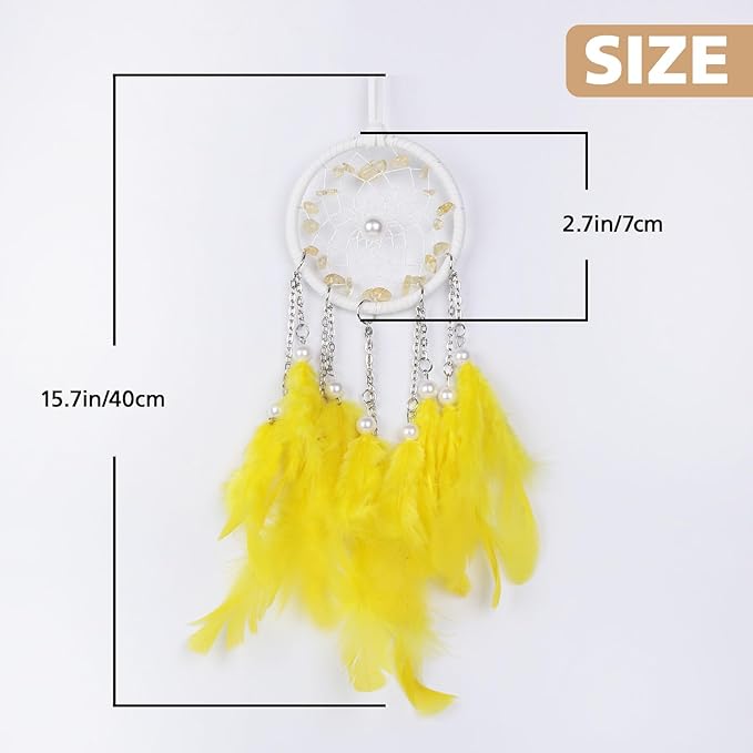 Pretty Jolly Crystal Stone Small Dream Catchers Yellow Feathers Mini Dreamcatchers with Beads for Cars Rear View Mirror Hanging Decoration Good Luck Travel Charm Bedroom Ornaments for Women Girls