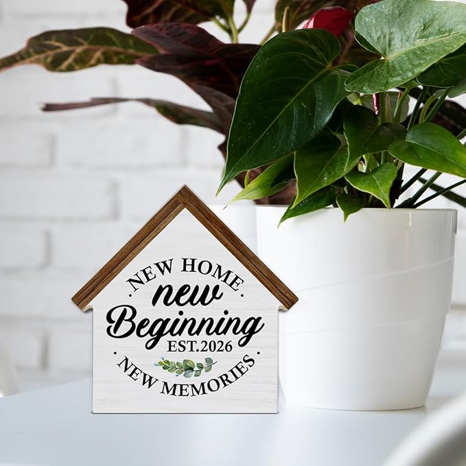 2026 Housewarming Gifts, New Home Gift Ideas, New Beginnings House Shaped Wooden Block Sign, Home Living Room Decor for Desk Table Shelf