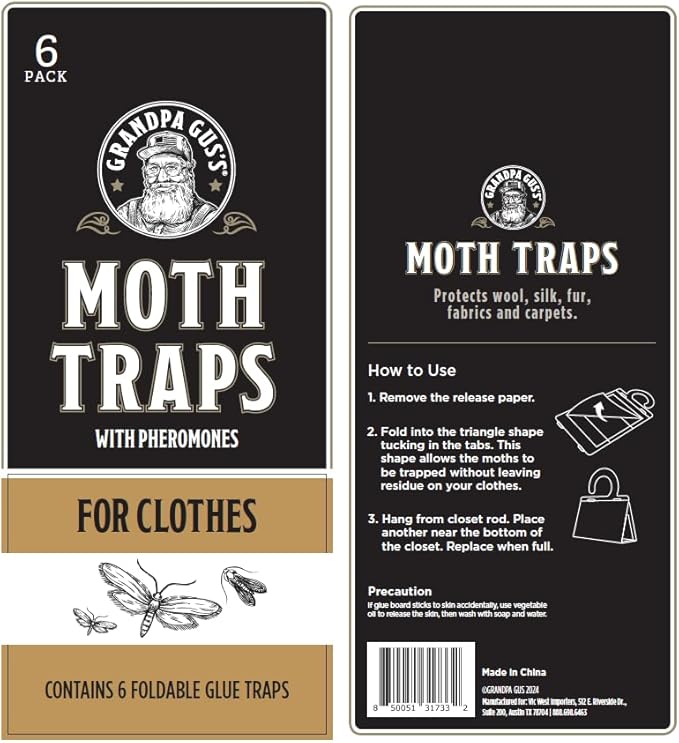 Grandpa Gus's Moth Traps for Clothes, Clothing Moth Killer for Closet and Wardrobe, Pheromone Glue Trap, No Mothballs, Safe for Kids and Pets, 6 Pack