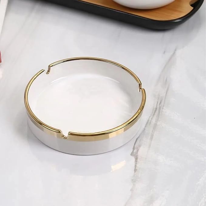 Saim Ceramic Cigar Ashtray for Men - Retro Round Desktop Ash Tray with Gold Edge, Anti-Slip Bottom, for Home Office Patio Outdoor Smoking (White)