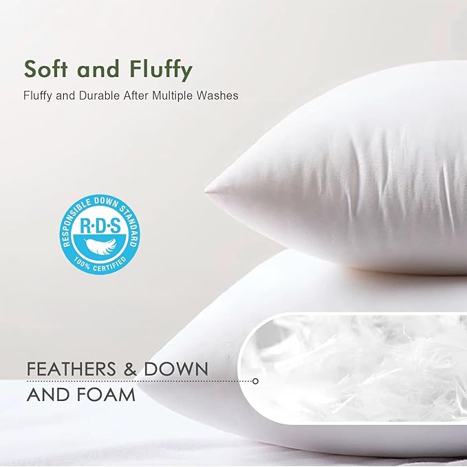 Feathers Down Pillow Inserts 26x26, Set of 2, Euro Pillow Insert with 100% Organic Cotton Shell, Soft Decorative Throw Pillow for Living Room, Sofa, Couch, or Bed (White)