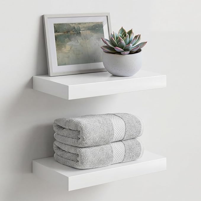 Homeforia White Floating Shelf 12 inch, High End Solid Real Wood Small 12inch Floating Shelves for Wall Mounted, White Wooden 12 in Floating Shelves, Heavy Duty Bracket, 12 X 6.5 X 1.75 inch, Set of 4