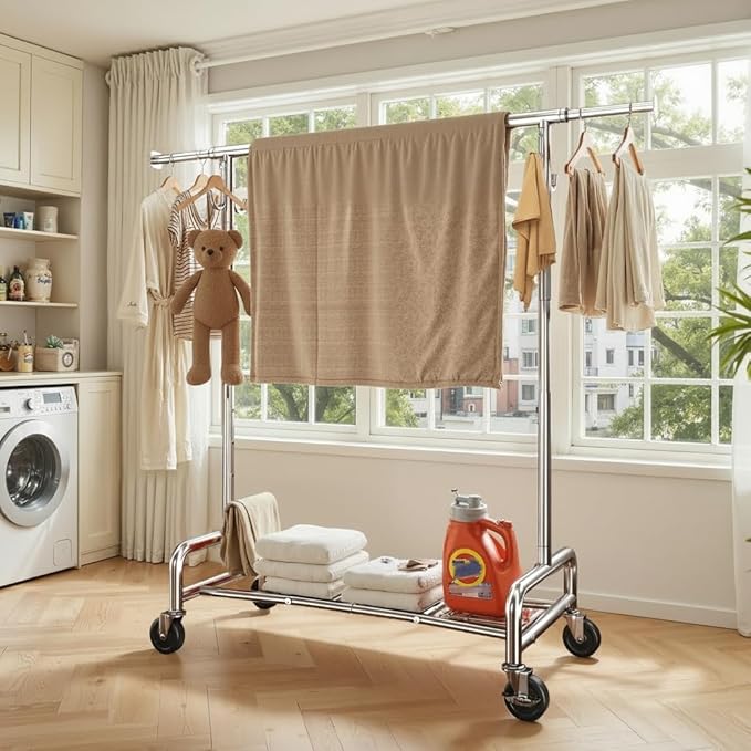 Raybee Heavy Duty Clothes Rack 75" Extra Wide, 450 LBS Clothing Rack with 4 Hooks, Lockable Wheels, Metal Garment Rack for Bedroom, Laundry Room, Commercial