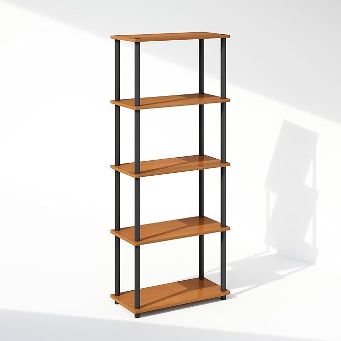 Furinno Turn-N-Tube Book Shelf, 5-Tier Bookshelf, Bookcase with Multipurpose Compact Display Rack, 11.6 x 23.6 x 57.4, for Living Room, Bedroom, Home Office, Light Cherry/Black