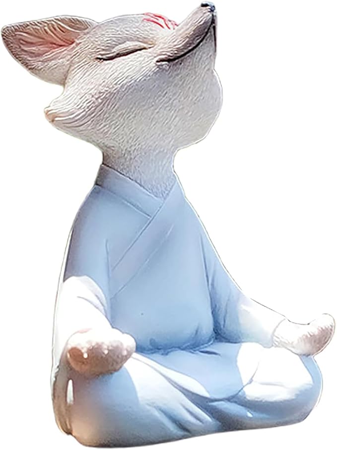 ‌Serene Zen Resin Buddha White Fox Statue - Zen Yoga Figurine & Meditation Sculpture for Office Desk, Bookshelf, Home Decor & Garden. Feng Shui Statue for Women, Plants & Yoga Lovers.