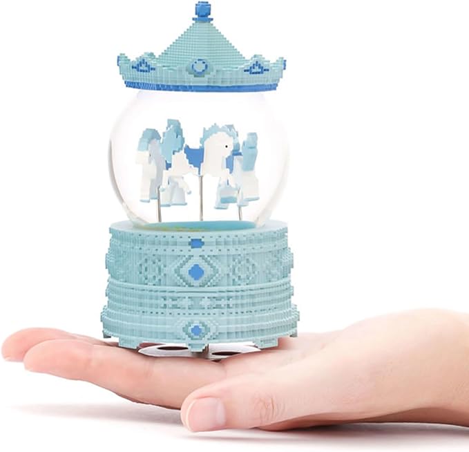 Pixel-Design Carousel Snow Globe Music Box, Compact Decorative Gift for Collectors and Creative Spaces, Light Blue Edition, Plays Toyland Melody