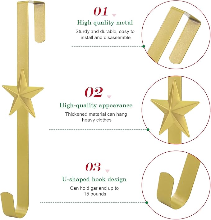 15 inches Christmas Decorative Wreath Hangers for Front Door;Over the Door Hooks (Gold, Five-Pointed Star)