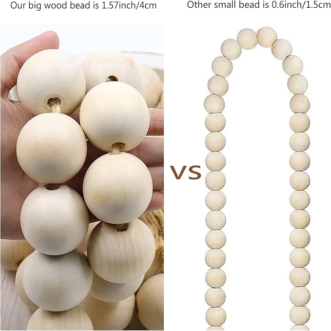 Farmhouse Decor Large Wood Bead Garland 50inch long with 1.6" Diameter beads, Natural Wooden Beads Decor with Tassels Decorative Boho Country Decoration for Coffee Table Home Tiered Tray Wall Hanging