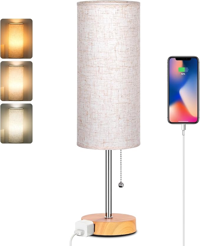 Dott Arts 18" Table Lamp for Bedroom, 3-Color Bedside Lamps with Pull Chain, Bedroom Table Lamps for Nightstand,AC Outlet Small Lamp for Living Room, Bulb Included Wood