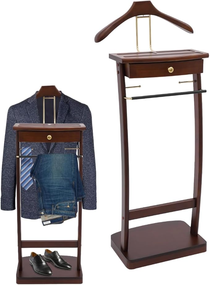 Cashewnuts Mens Suit Valet Stand Clothes Valet Stand with Base Vertical Clothes Stand Wooden Hanging Frame w/Handle, 17.32 x 11.81 x 44.09in (Walnut Color)