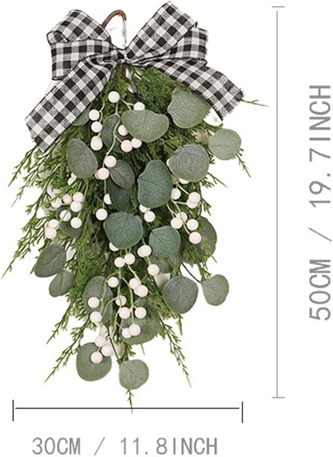 BestAlice 19.7 Inch Eucalyptus Swag with Bow, Wall Hanging Greenery Teardrop Wreath, Artificial Green Leaves Wreaths Decorative for Front Door Farmhouse Decor