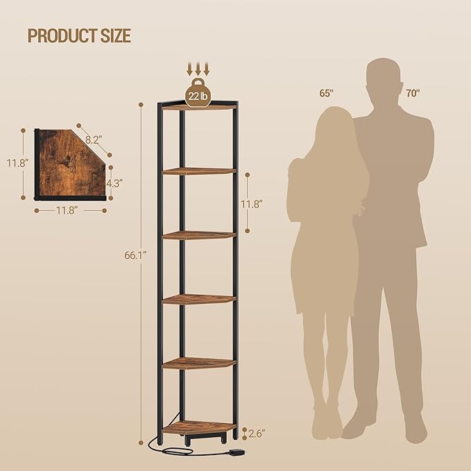 Hzuaneri Corner Shelf with LED Light, 6-Tier Corner Bookshelf, Tall Narrow Display Bookcase with Metal Frame, Standing Shelf for Small Space, Living Room, Home Office, Bedroom, Rustic Brown CS66601B