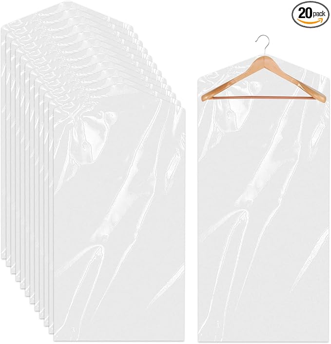 20 Pack Clear Clothes Covers for Hanging Garment Plastic Suit Bags Dry Cleaning Bags Transparent Dust-proof Garment Covers for Dry Cleaner, Home Storage, Travel (60 x 100cm)