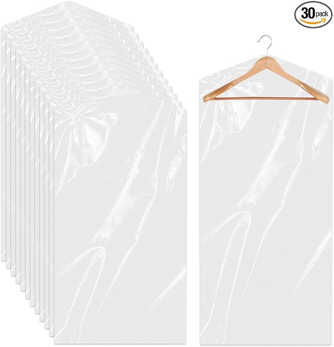 30 Pack Transparent Dust-proof Garment Covers Clear Clothes Covers for Hanging Garment Plastic Suit Bags Dry Cleaning Bags for Dry Cleaner, Home Storage, Travel (60 x 100cm)