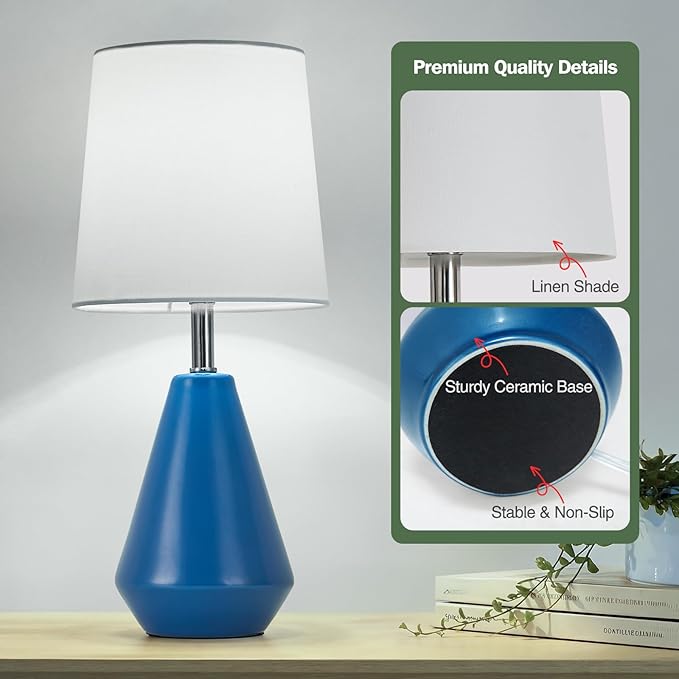 Small Bedside Table Lamp for Bedroom - Reading Desk Lamp with 3 Color Temperatures，15.5" Nightstand Ceramic Lamp with Fabric Shade for Kids Room,Living Room,Dorm,Home Office (Blue+White)