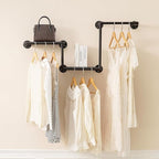 Industrial Pipe Clothing Rack with 2 Floating Shelves, 3 Hanging Rods Wall Mounted Garment Rack, Heavy Duty Iron Clothes Bar, Space-Saving Clothing Hanging Rails for Closet (3 hanging rods 2 shelves)