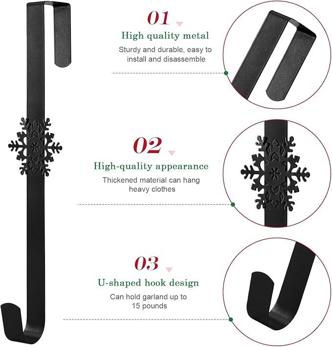 15 inches Christmas Decorative Wreath Hangers for Front Door;Over the Door Hooks (Black, Snowflake)
