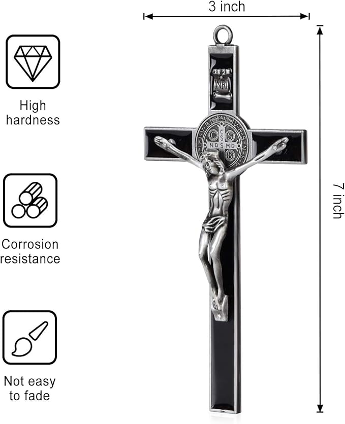 Wellcho Black Enamel Crucifix Wall Cross -Saint Benedict Metal Wall Art-7 Inch Cross Give Blessing and The Spiritual Sacred:Faith Gift for your Acquaintances