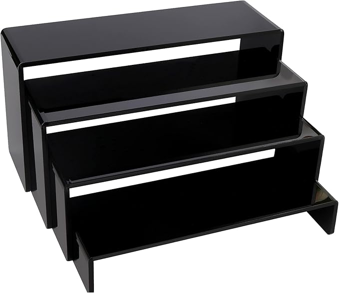 ELEGANTLIFE Acrylic Display Risers Set of 4, 4-Level Tiered Display Stands for Cupcakes, Small Figures & Jewelry, Compact Countertop Display Shelf, Multiple Colors Available (Black)