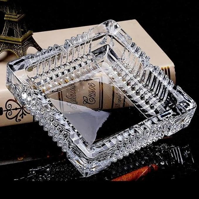 Handmade Glass Ashtray, Ashtray Ash Holder for Indoor or Outdoor Patio Desktop Office Smokers, Ash Tray for Tabletop Home Office Decor (Crystal, M)